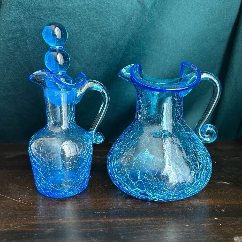 Set Vintage Blue Crackle Glass Pitcher and Cruet with Stopper